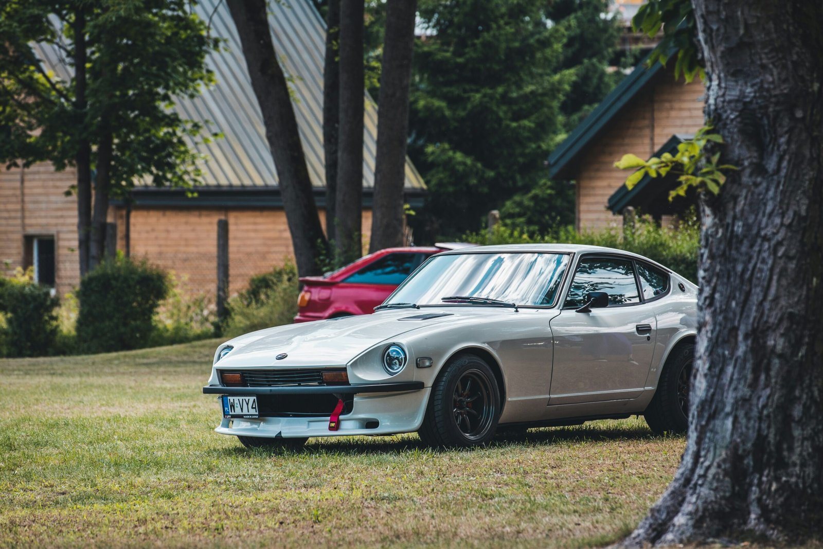 a car parked in the grass next to a tree