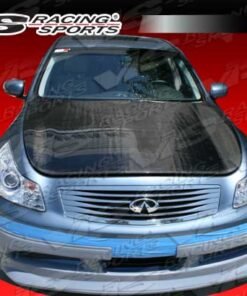 2009-2012 Infiniti G37 4Dr Oem Style Carbon Fiber Hood. VIS Carbon Fiber Hoods and Trunks are made from 100% ISO-certified, Grade-A carbon fiber material.  All VIS Carbon Fiber Hoods and Trunks are manufactured using a two-part construction design.  The top layer is composed of carbon fiber material bonded to the hood surface with high-grade epoxy resin, andfinished with an ultra-clear (Poly Shield), UV-protective polyurethane coating for a high gloss finish.  A one-piece, smooth underside shell is fused to the top layer enhancing the product’s structural integrity.  The edges are smoothed by hands to insure good quality finish all around. In 2014, we further improved on this manufacturing process by introducing the Vacuum Infusion Process (V.I.P.), which utilizes a single-mold vacuum to produce parts that are 10-20% lighter than before while improving durability. We are transitioning our full spectrum of carbon parts to use the VIP process so that our customers can enjoy these improved products without incurring a huge cost increase.
All VIS Carbon Fiber Hoods and Trunks come with a VIS badge of authenticity. Please be sure to look for the badge when purchasing. Due to the unknown nature of the intended uses of these products, hood pins are required. These products are intended for off-road use only, unless your local and state laws state otherwise.