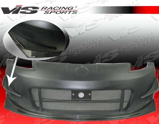 2003-2008 Nissan 350Z 2Dr Techno R 2 Front Bumper W/Carbon Lip. ViS Carbon Fiber Hoods are made from the finest carbon fiber available. Each hood is protected with a UV coating which allows the hood to hold its high gloss finish. All our carbon fiber hoods are Grade A and above. ViS Carbon Fiber Hoods have a tight carbon weave, rolled edges, and one piece undersiding. Make sure when purchasing a ViS hood, look for the ViS Authenticity Badge. 
Hood pins are required. Intended for OFF ROAD use only.