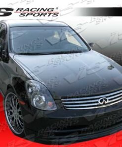 2003-2004 Infiniti G35 4Dr Oem Style Carbon Fiber Hood. VIS Carbon Fiber Hoods and Trunks are made from 100% ISO-certified, Grade-A carbon fiber material.  All VIS Carbon Fiber Hoods and Trunks are manufactured using a two-part construction design.  The top layer is composed of carbon fiber material bonded to the hood surface with high-grade epoxy resin, andfinished with an ultra-clear (Poly Shield), UV-protective polyurethane coating for a high gloss finish.  A one-piece, smooth underside shell is fused to the top layer enhancing the product’s structural integrity.  The edges are smoothed by hands to insure good quality finish all around. In 2014, we further improved on this manufacturing process by introducing the Vacuum Infusion Process (V.I.P.), which utilizes a single-mold vacuum to produce parts that are 10-20% lighter than before while improving durability. We are transitioning our full spectrum of carbon parts to use the VIP process so that our customers can enjoy these improved products without incurring a huge cost increase.
All VIS Carbon Fiber Hoods and Trunks come with a VIS badge of authenticity. Please be sure to look for the badge when purchasing. Due to the unknown nature of the intended uses of these products, hood pins are required. These products are intended for off-road use only, unless your local and state laws state otherwise.